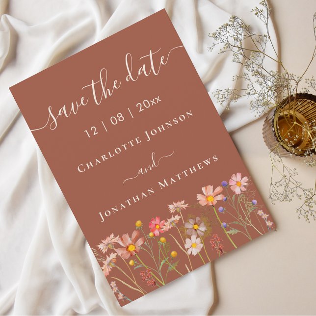 Reserve A Data Boho Outono Campo de Flores Silvestres Terracota C (Wildflower boho floral floral terracotta Wedding save the date invitation )