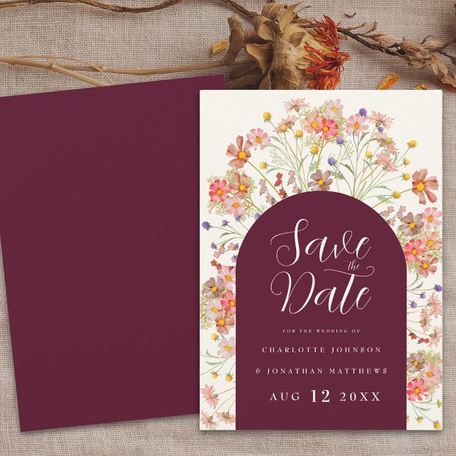 Reserve A Data Boho Outono Rústico Floral Casamento de Flores Sil (Floral wildflower arch boho fall wedding save the date invitation elegant burgundy and ivory cream )
