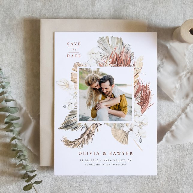Reserve A Data Boho Palma Seca e Orquídea Branca Código QR Foto (QR code save the date featuring a watercolor pampas grass, dried palm, orchids, and anthurium.)