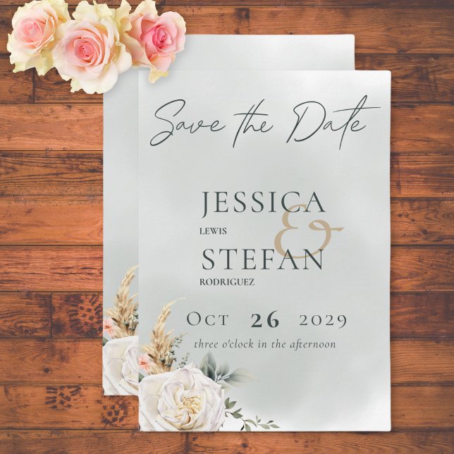 Reserve A Data Boho Pampas e Rosas Rosa Casamento Verde (Boho Pampas & Pink Roses Green Wedding Save The Date Card)