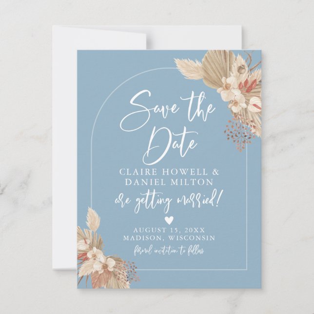 Reserve A Data Boho Pampas Grass Azul Francês Save The Date (Frente)