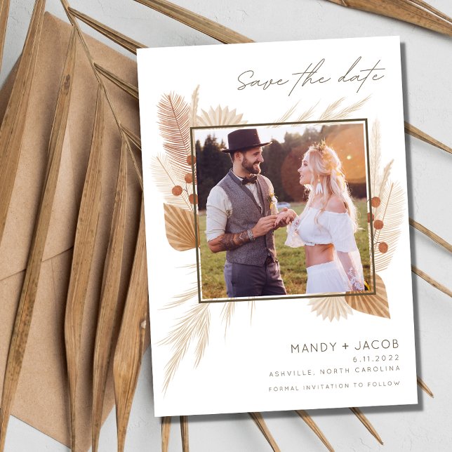 Reserve A Data Boho Pampas Grass Foto: Casamento Salve a Data (Boho Pampas Grass Photo Wedding Save the Date)
