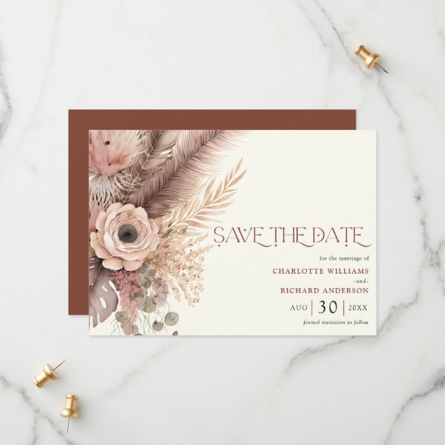 Reserve A Data Boho Pampas Grass Weding the Date Card (Frente/Verso In Situ)