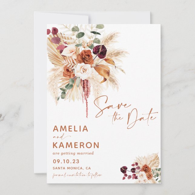 Reserve A Data Boho Pampas Save The Date Card (Frente)