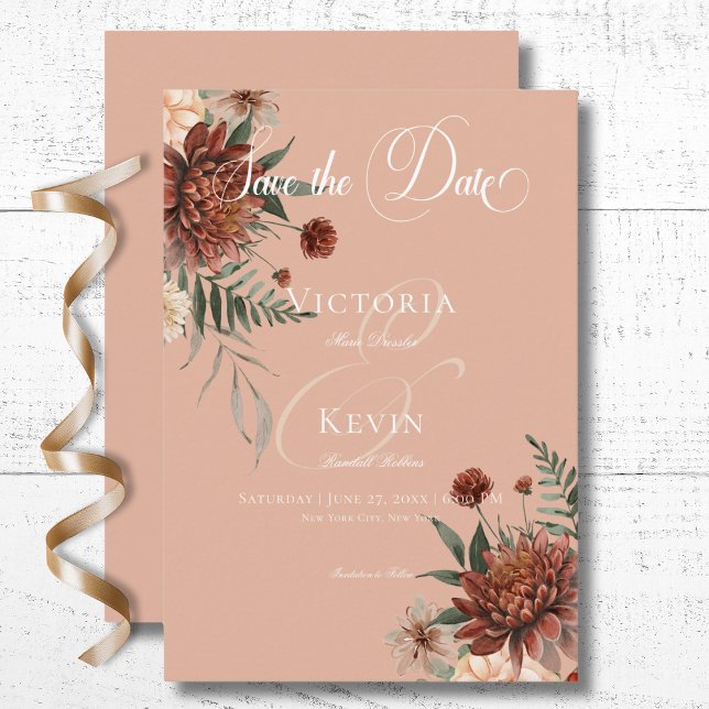Reserve A Data Boho Peach & Rust Floral Peach Blush Casamento (Boho Peach & Rust Floral Peach Blush Wedding Save the Date Card)