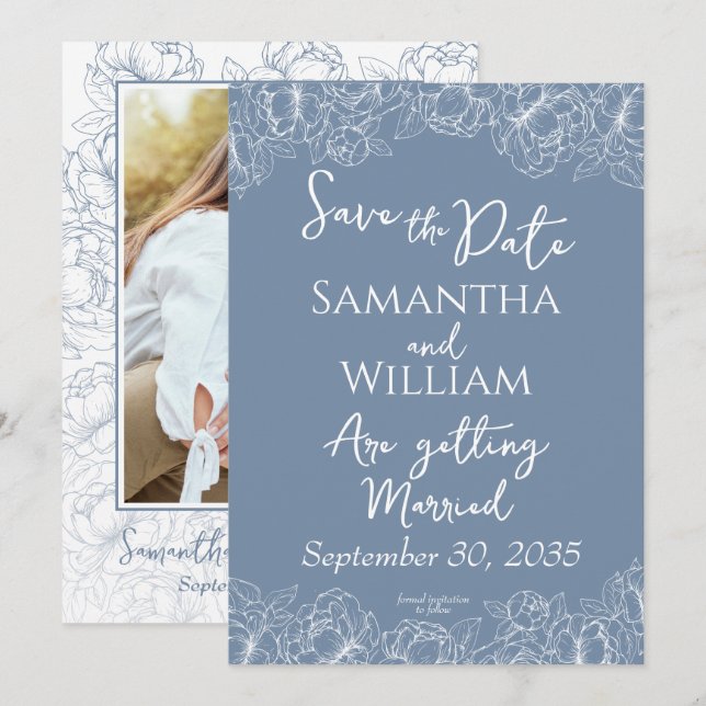 Reserve A Data Boho Periwinkle Blue Floral Modern Foto Casada (Frente/Verso)