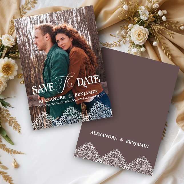 Reserve A Data Boho Photo Lace Effect Whimsical Typography (Rustic Boho Photo Lace Effect Whimsical Typography Save the Date Cards with Envelope.)