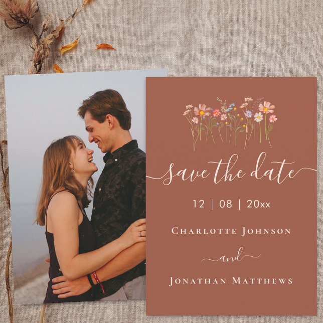 Reserve A Data Boho Prado de Flores Silvestres Foto Casamento (Elegant boho Wildflower meadow beige terracotta photo Wedding save the date card)