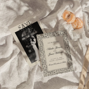 Reserve A Data Boho Preto Creme Floral Foto Botânica Casamento