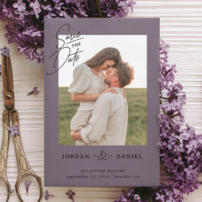 Reserve A Data Boho Purple Photo Save The Date Card (Criador carregado)