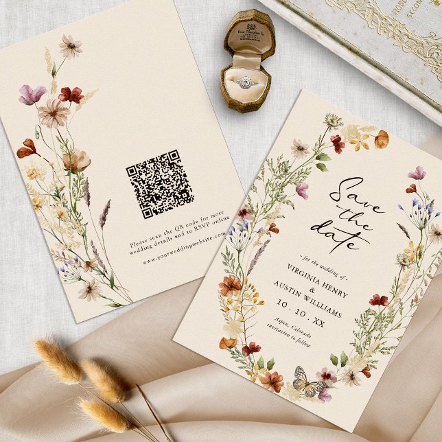Reserve A Data Boho QR Code Salvar a Data (Tan Wildflower Boho Floral QR Code Save The Date by Painted Paperie
)