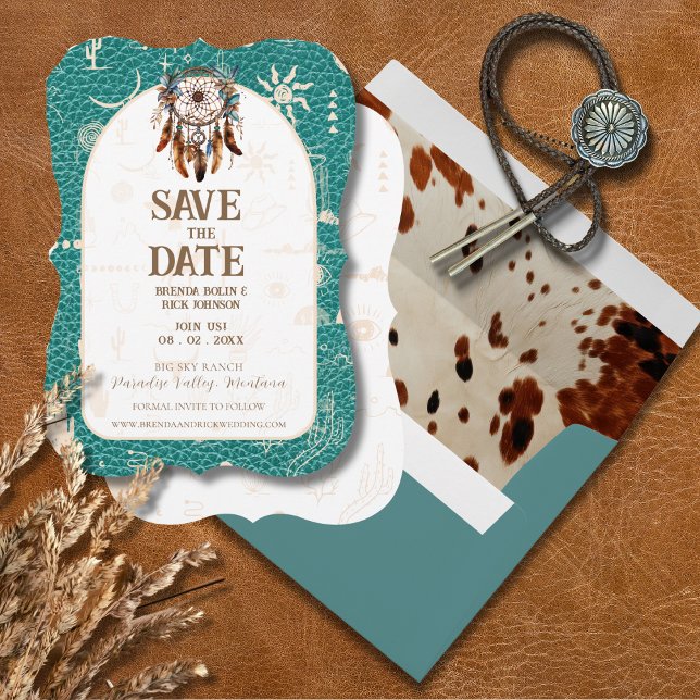 Reserve A Data Boho Ranch Wedding Turquoise Leather Salvar Data (Criador carregado)