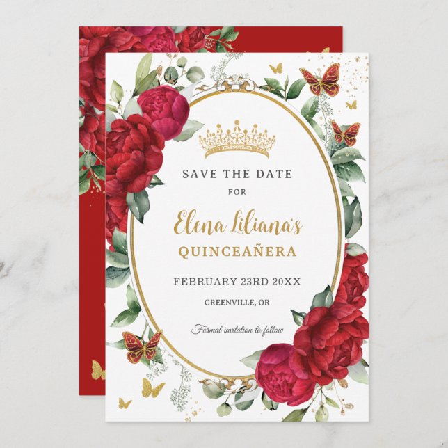 Reserve A Data Boho Red Peonies Borboletas Florais Quinceañera (Frente/Verso)