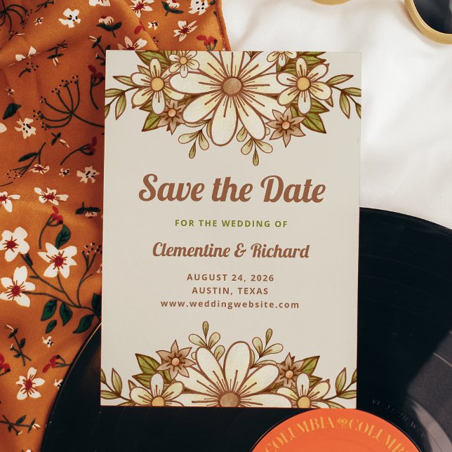 Reserve A Data Boho Retro Flowers | Casamento (A retro-inspired wedding save the date card with vintage style flowers and typography)