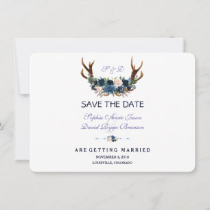 Reserve A Data Boho Rosa Azul Marinho Floral Galhada Salve A Data