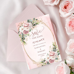 Reserve A Data Boho Rosa Dourado Atemporal Save The Date com Folh