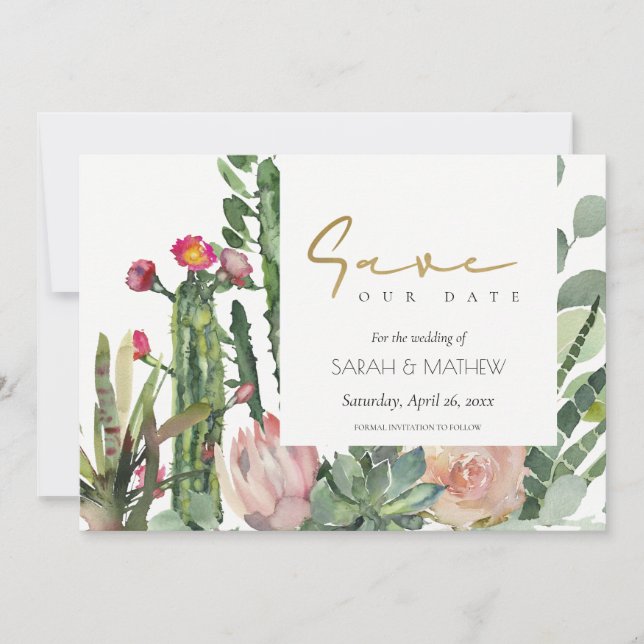 RESERVE A DATA BOHO ROSA FLORAL DESERTO CACTOS FOLHAGEM AQUARELA  (Frente)