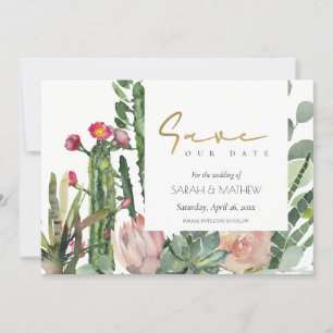 RESERVE A DATA BOHO ROSA FLORAL DESERTO CACTOS FOLHAGEM AQUARELA 