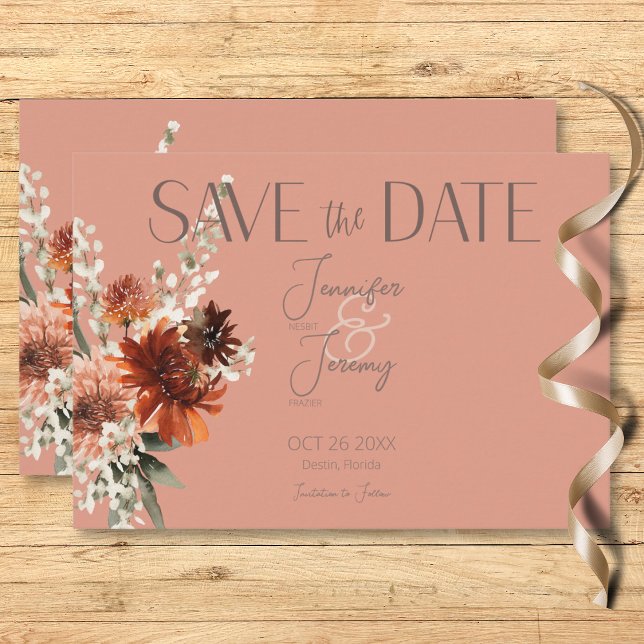 Reserve A Data Boho Rust & Neutral Fall Floral Peach Casamento de (Boho Rust & Neutral Peach Rust Fall Floral Wedding Save the Date Card)