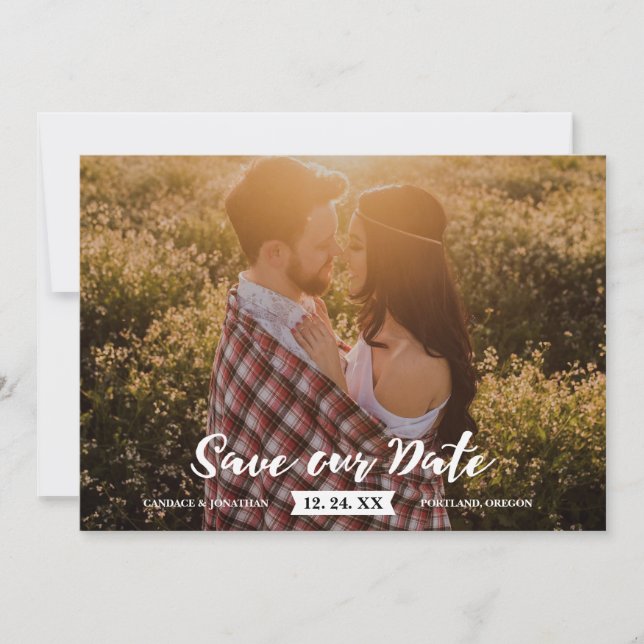 Reserve A Data Boho Rustic Brush Script Photo Save the Date (Salv (Frente)