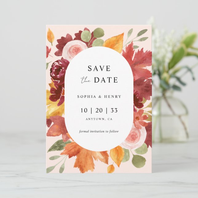 Reserve A Data Boho Rustic Floral Burgundy Foto Fall Casamento (Em pé/Frente)