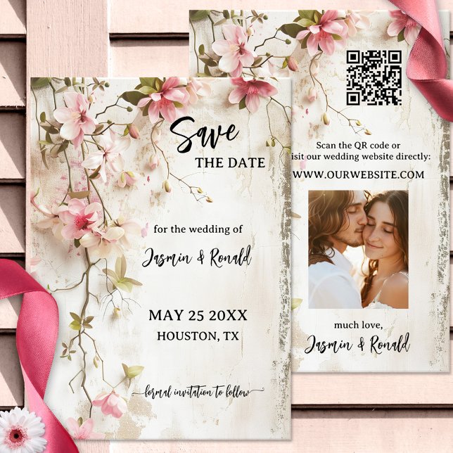 Reserve A Data Boho Rustic Floral Photo Save the Date Card (Boho chic wedding Save the Date card featuring loosely painted pink flowers on rustic ivory)