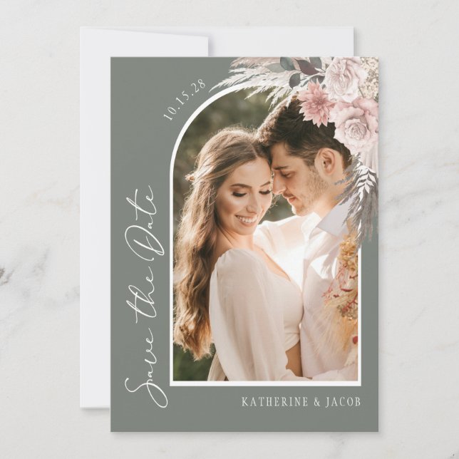 Reserve A Data Boho Sage Green Foto Casamento Salve A Data (Frente)