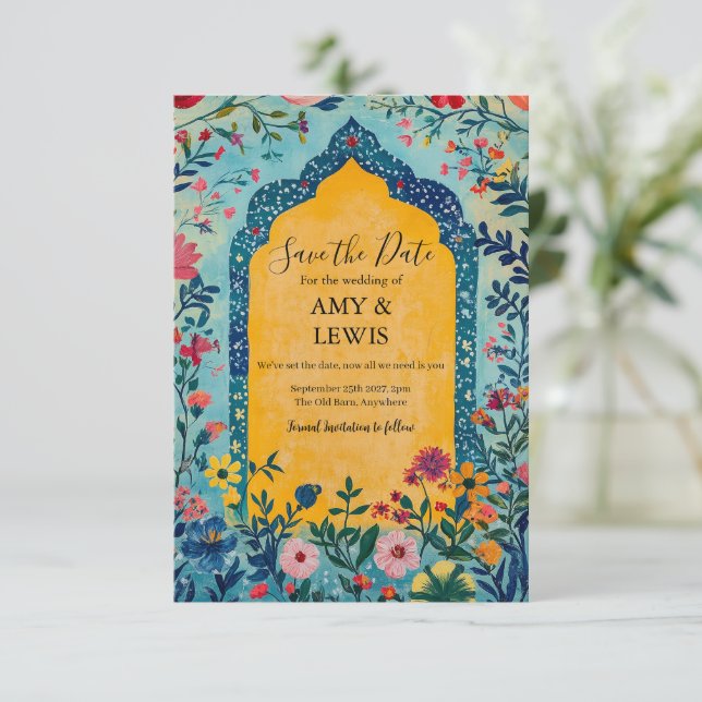 Reserve A Data Boho Summer Blue Floral Save the Date Invitation (Em pé/Frente)