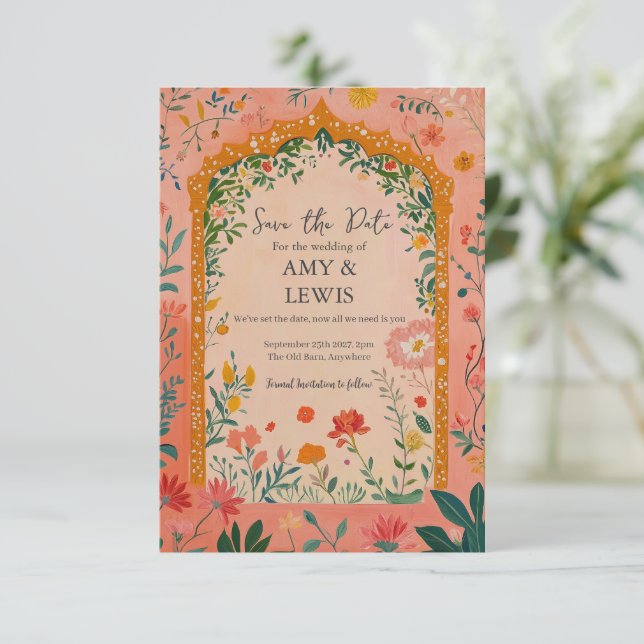 Reserve A Data Boho Summer Pink Floral Save the Date Invitation (Em pé/Frente)
