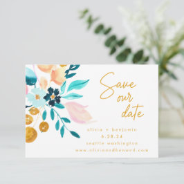 Reserve A Data Boho Teal Blue Floral Mão Pintada Romântica