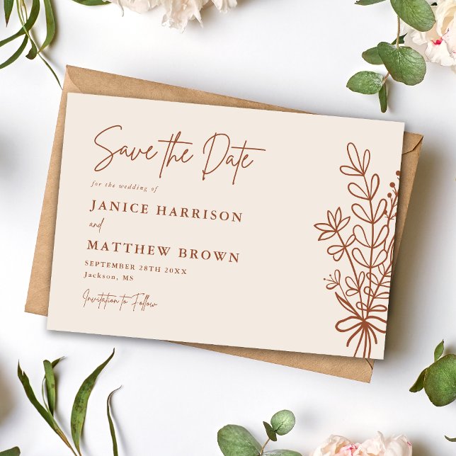 Reserve A Data Boho Terracota Laranja Queimado Casamento Rústico (Boho terracotta save the date sets a warm rustic tone while announcing your big day.)