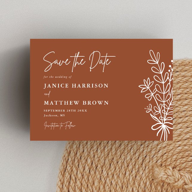 Reserve A Data Boho Terracota Laranja Queimado Casamento Rústico (Boho terracotta save the date shares your wedding news with warm rustic charm.)