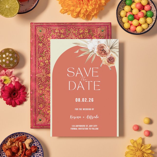 Reserve A Data Boho Terracotta Arch Floral Save the Date Template (Criador carregado)