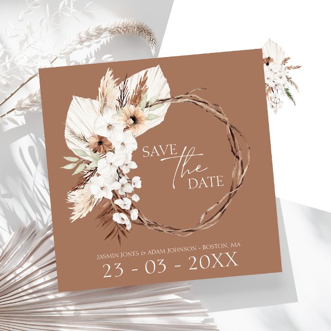 Reserve A Data Boho Terracotta Brown Casamento Floral Seco (Boho Terracotta Brown Dried Floral Wreath Wedding Save The Date)