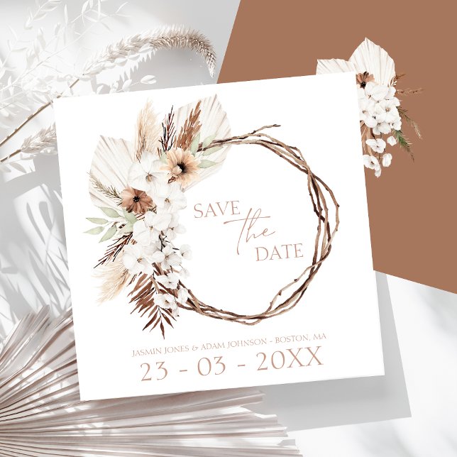 Reserve A Data Boho Terracotta Brown Casamento Floral Seco (Boho Terracotta Brown Dried Floral Wreath Wedding Save The Date)