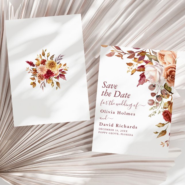 Reserve A Data Boho Terracotta Burnt Orange Floral Casamento (Boho Terracotta Burnt Orange Floral Wedding Save The Date on a sunny neutral dry palm leaf.)