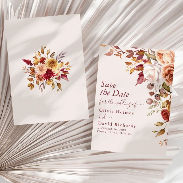 Reserve A Data Boho Terracotta Burnt Orange Floral Casamento (Boho Terracotta Burnt Orange Floral Wedding Save The Date on a sunny white dry palm leaf.)