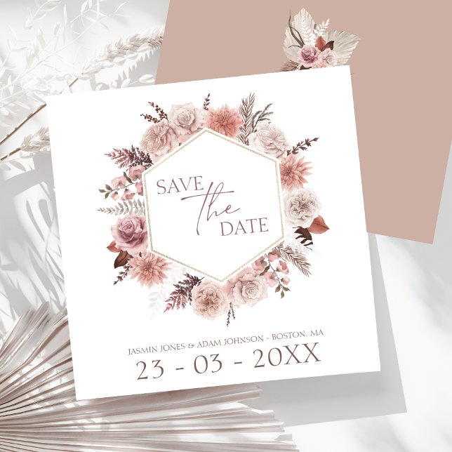 Reserve A Data Boho Terracotta Neutral Floral Wreath Casamento (Boho Dusty Pink Dried Flowers Wreath Wedding Save The Date)