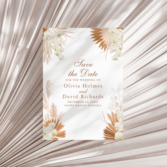 Reserve A Data Boho Terracotta Pampas Casamento Floral (Boho Terracotta Pampas Grass Floral Wedding Save The Date on a sunny neutral dry palm leaf.)