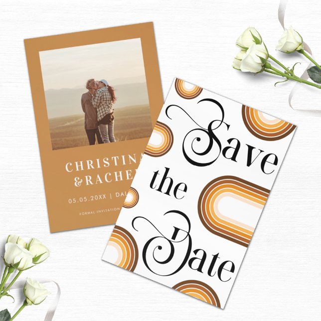 Reserve A Data Boho Terracotta Rainbow Retro Script Foto Casament (Criador carregado)