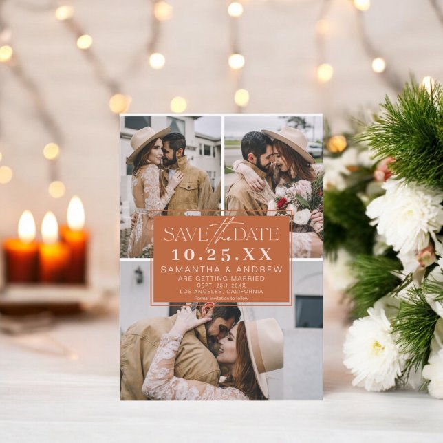 Reserve A Data Boho terracotta salve a data 3 foto grid colage (Boho terracotta save the date 3 photo grid collage)