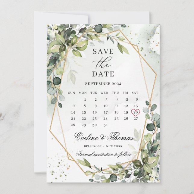 Reserve A Data Boho verde folhagem ouro quadro mês calendário (Frente)