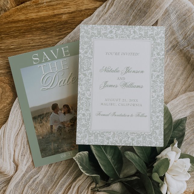 Reserve A Data Boho Verde Sage Floral Moderno Foto Casamento (Criador carregado)