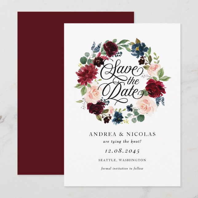 Reserve A Data Boho Watercolor Burgundy e Blue Floral Wreath (Frente/Verso)