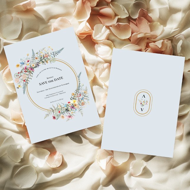 Reserve A Data Boho Wildflower Fern Dusty Casamento Azul (Criador carregado)