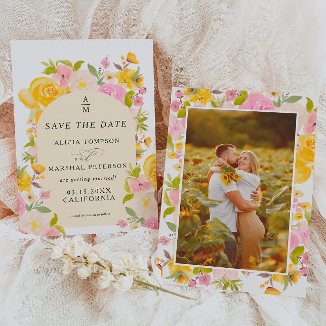 Reserve A Data Boho Yellow Pink Arch Chic Casado (Boho Yellow pink floral arch chic wedding Save The Date)