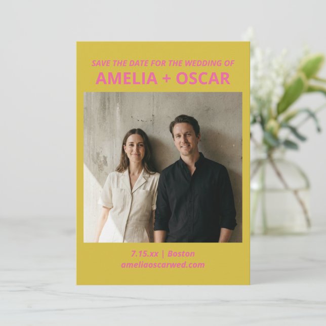 Reserve A Data Bold Modern Chartreuse Pink Yellow Wedding Photo  (Em pé/Frente)