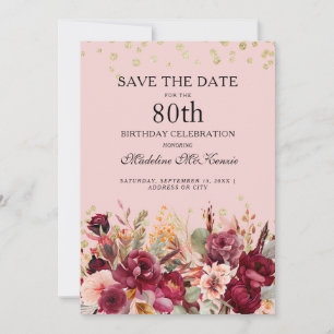 Reserve A Data Bolo Aniversário 80 Rosa Borgonha Floral Dourado B