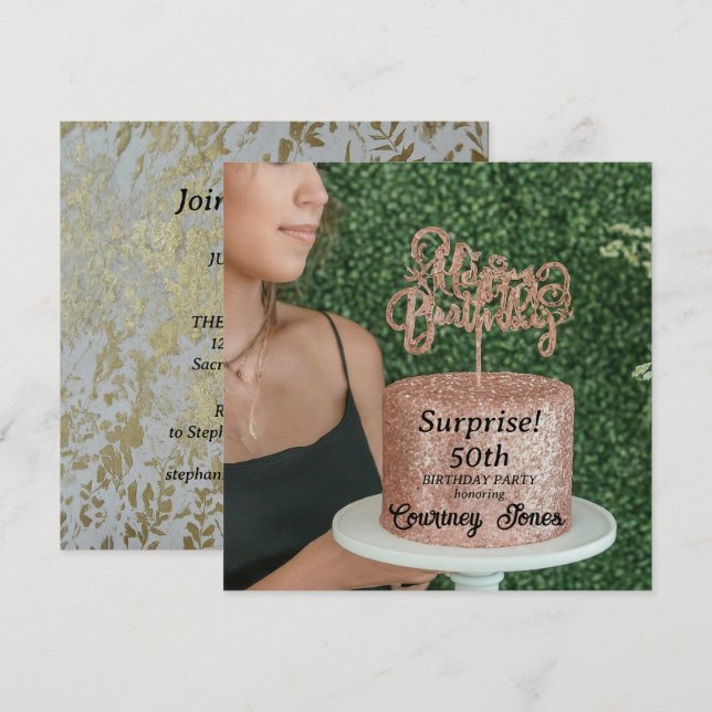 Reserve A Data Bolo de aniversário de rosa Dourado com brilho 50º (Frente/Verso)