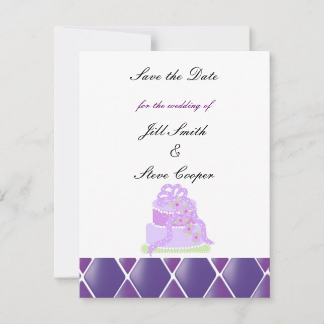 Reserve A Data Bolo de Casamento com Fita Roxa Save the Date (Frente)